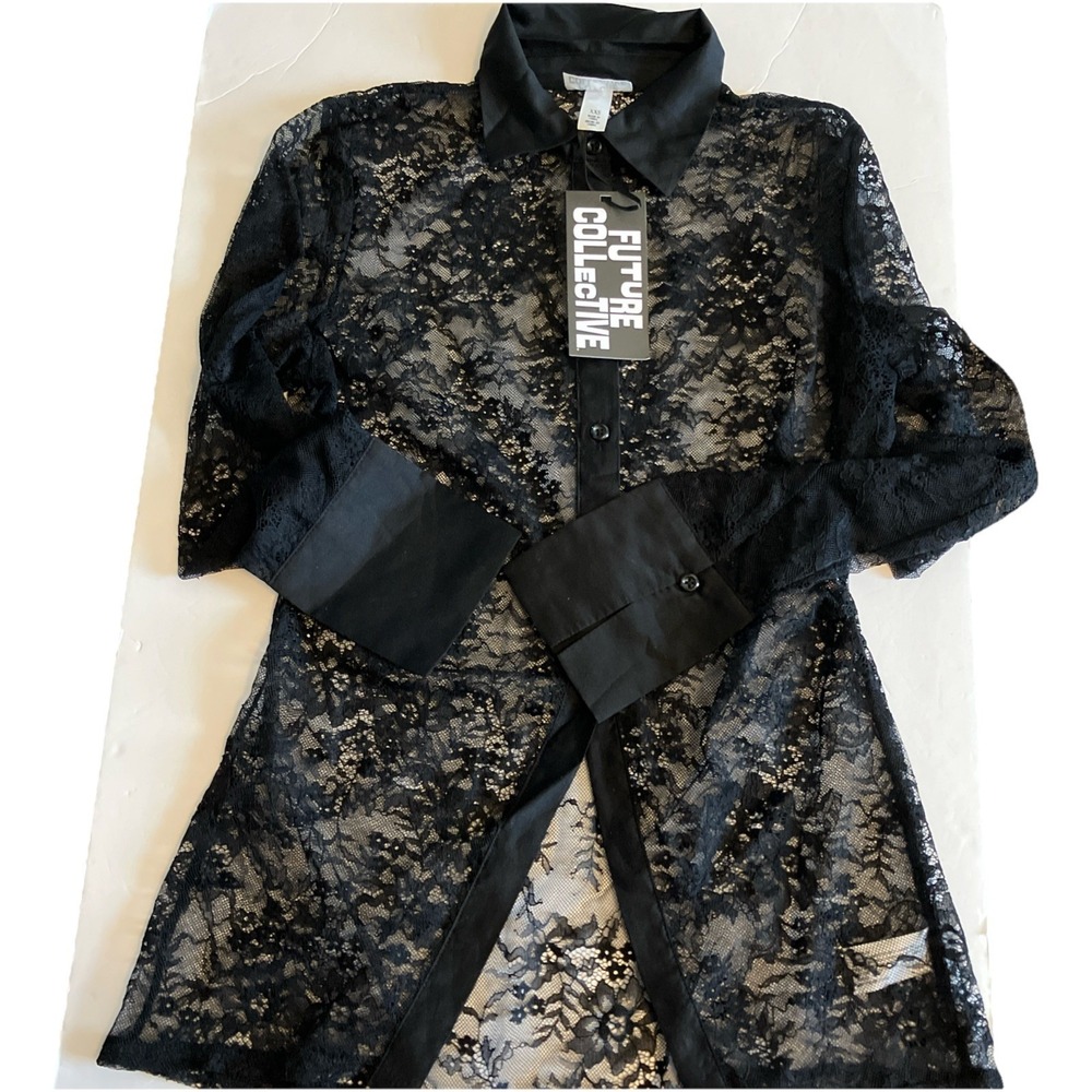 Future Collective Lace Button Up Shirt Women XXS Black NWT Sheer Floral C943